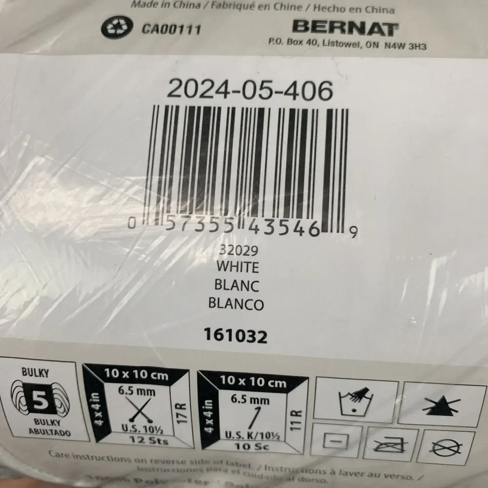 Lot Of 2 Bernat Velvet Big Ball Yarn White 10.5oz 315yds Each New
